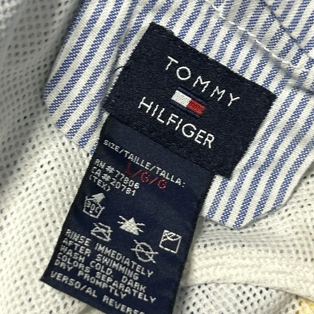 Y2K Tommy Hilfiger Men's Large Blue Yellow Swim Trunks Board Shorts Spellout